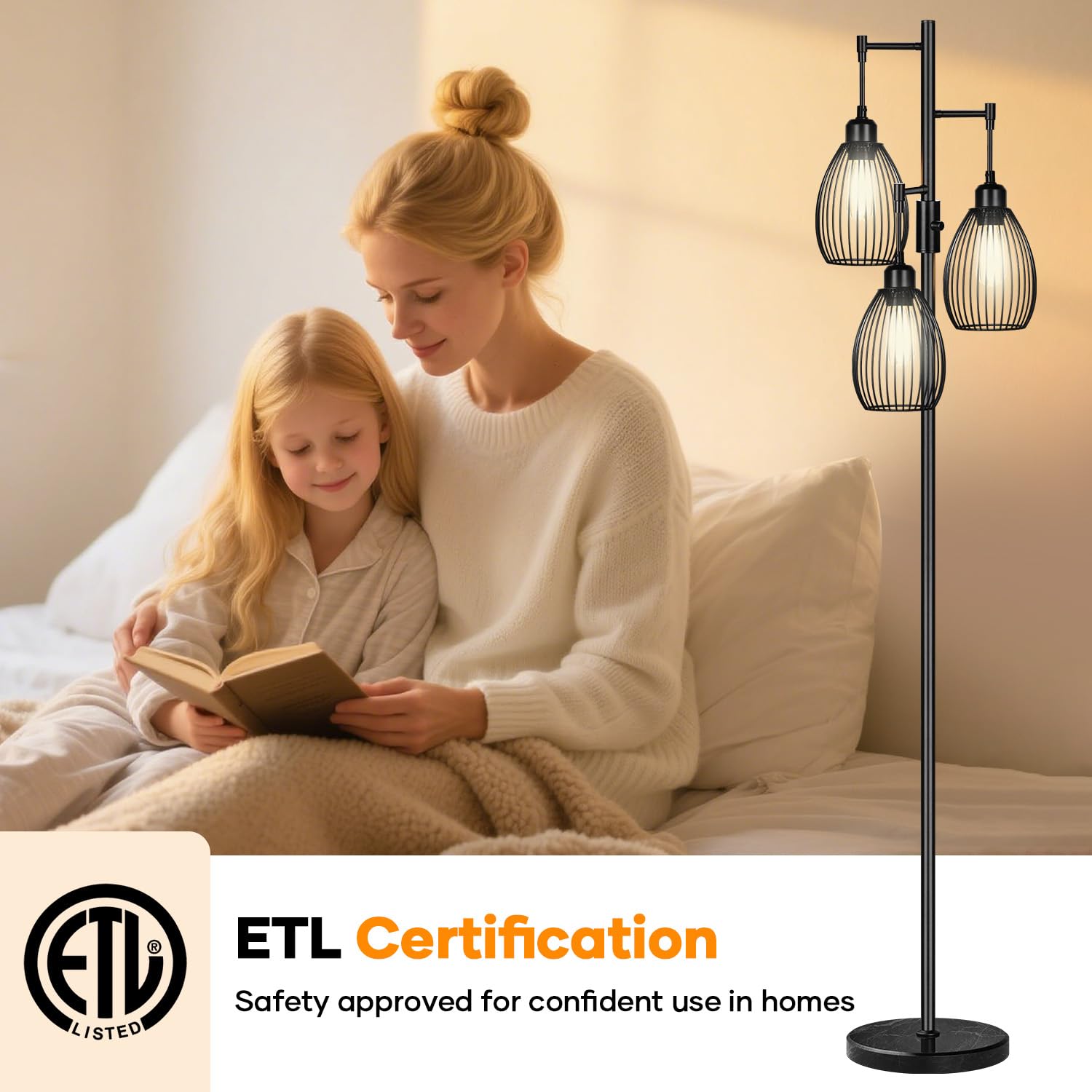 Dimmable Floor Lamp,3x800LM LED Bulbs Included, Farmhouse Industrial Floor Lamp Standing Tree Lamp with Teardrop Cage Head Tall Lamp for Living Room Bedroom Office Dining Room - Black & Marble Base
