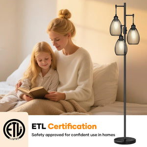Dimmable Floor Lamp,3x800LM LED Bulbs Included, Farmhouse Industrial Floor Lamp Standing Tree Lamp with Teardrop Cage Head Tall Lamp for Living Room Bedroom Office Dining Room - Black & Marble Base