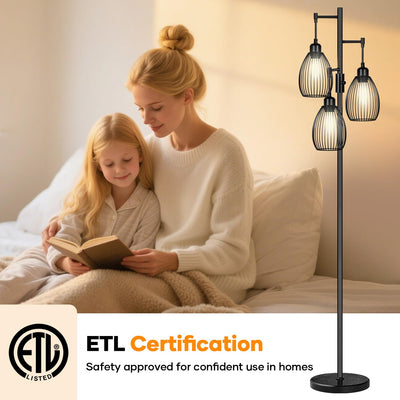 Dimmable Floor Lamp,3x800LM LED Bulbs Included, Farmhouse Industrial Floor Lamp Standing Tree Lamp with Teardrop Cage Head Tall Lamp for Living Room Bedroom Office Dining Room - Black & Marble Base