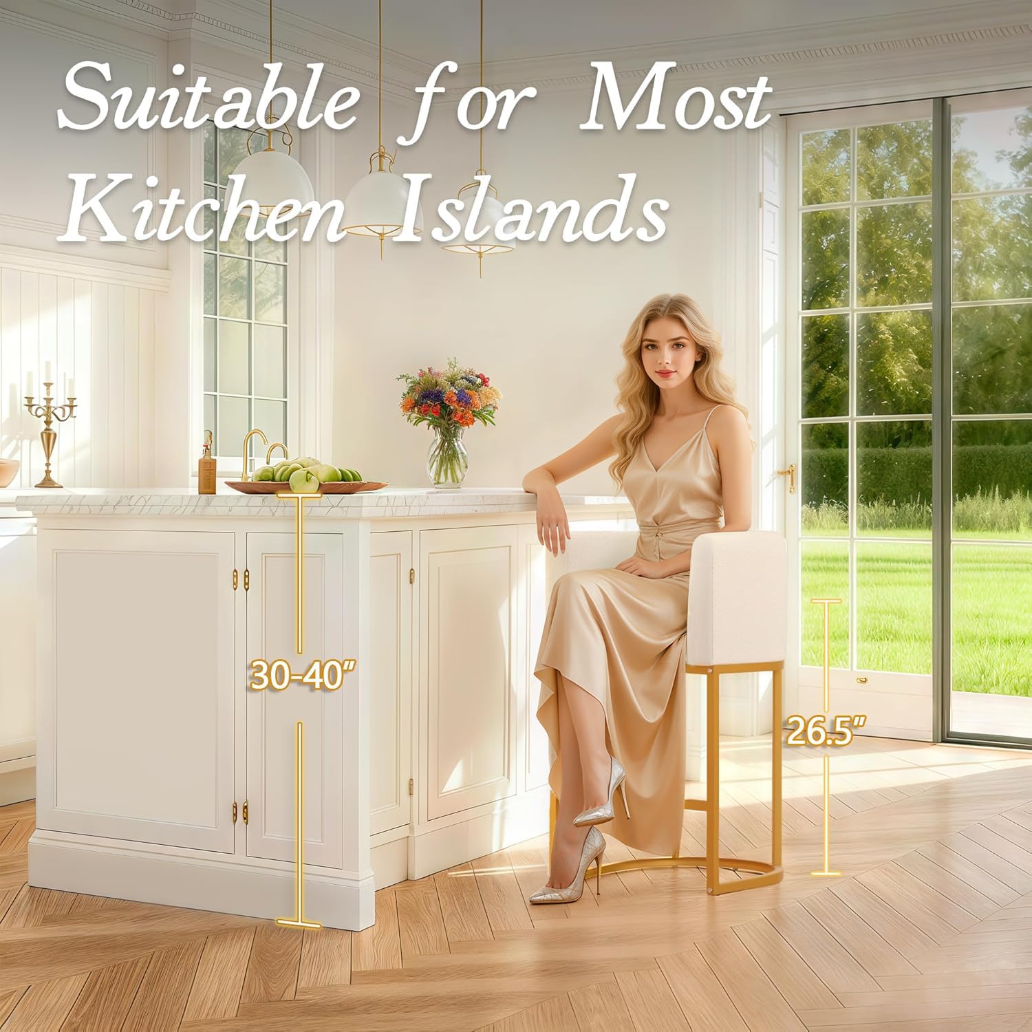 Modern Counter Height Bar Stools,Bar Stools Set of 4,Fabric Upholstered Barrel Barstools with Backs,26'' Kitchen Island Chairs,Metal Gold Frames,Off White Linen