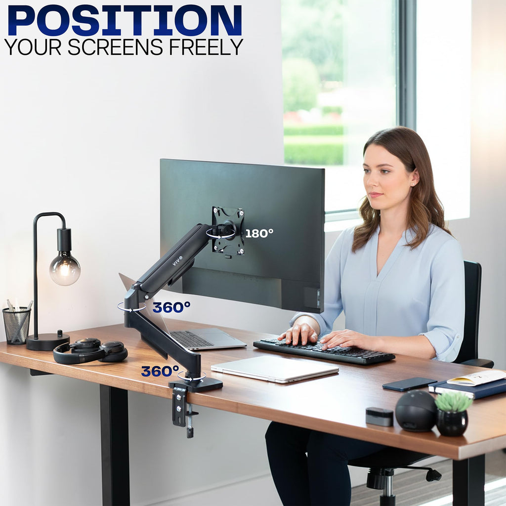 Single 17 to 32 inch Monitor Height Adjustable Counterbalance Mechanical Arm Desk Stand, Classic, Universal VESA Mount, STAND-V001O