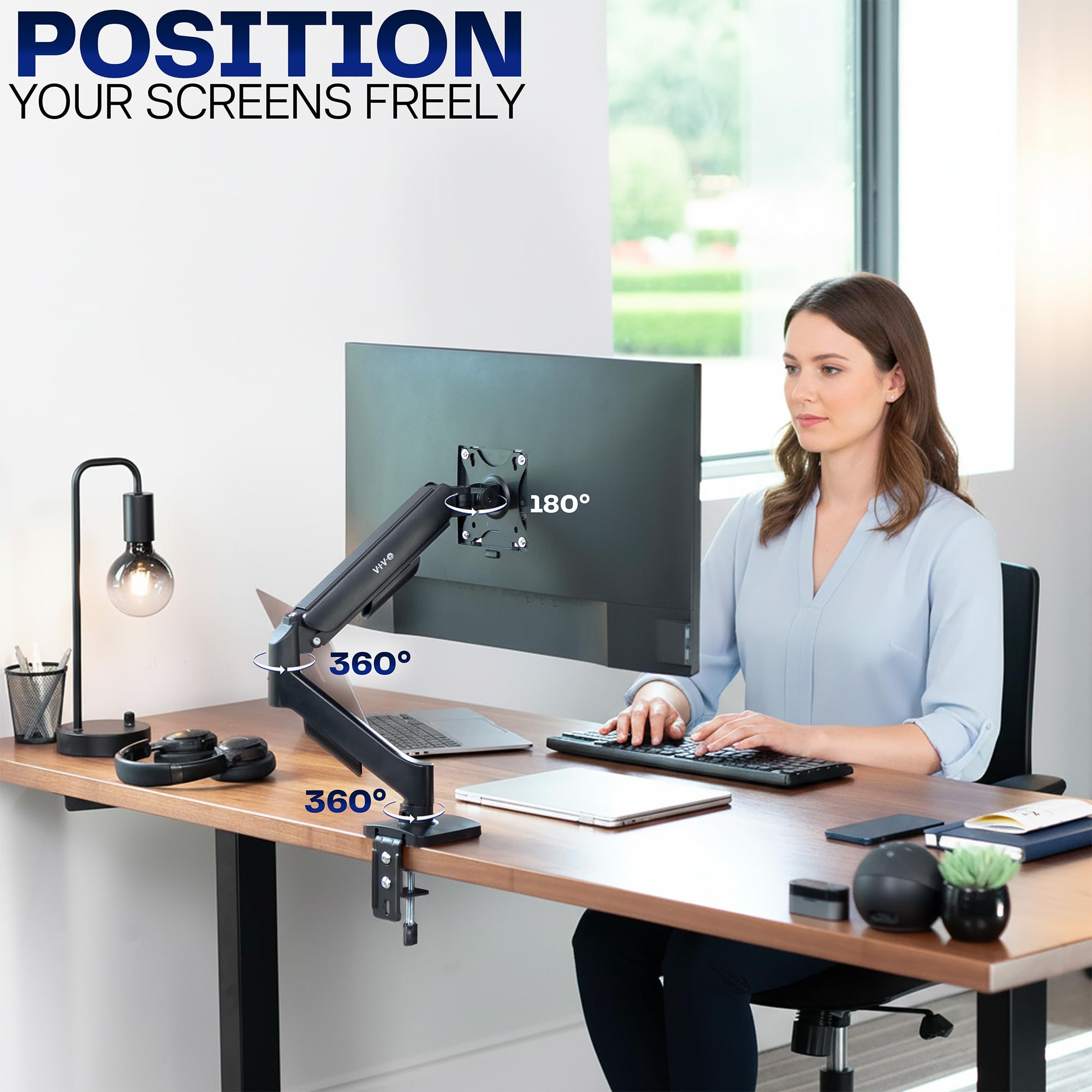 Single 17 to 32 inch Monitor Height Adjustable Counterbalance Mechanical Arm Desk Stand, Classic, Universal VESA Mount, STAND-V001O