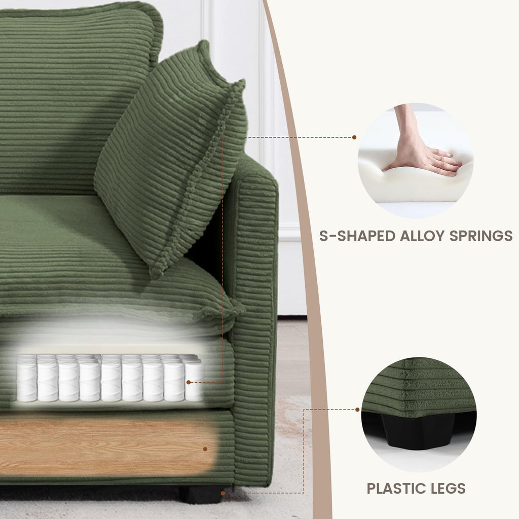 Sectional 2 Seat Cloud Loveseat with 2 Throw Pillows, Modern Corduroy Love Seat Sleeper Bed, Convertible Cozy Sofa for Living Room and Office, Green