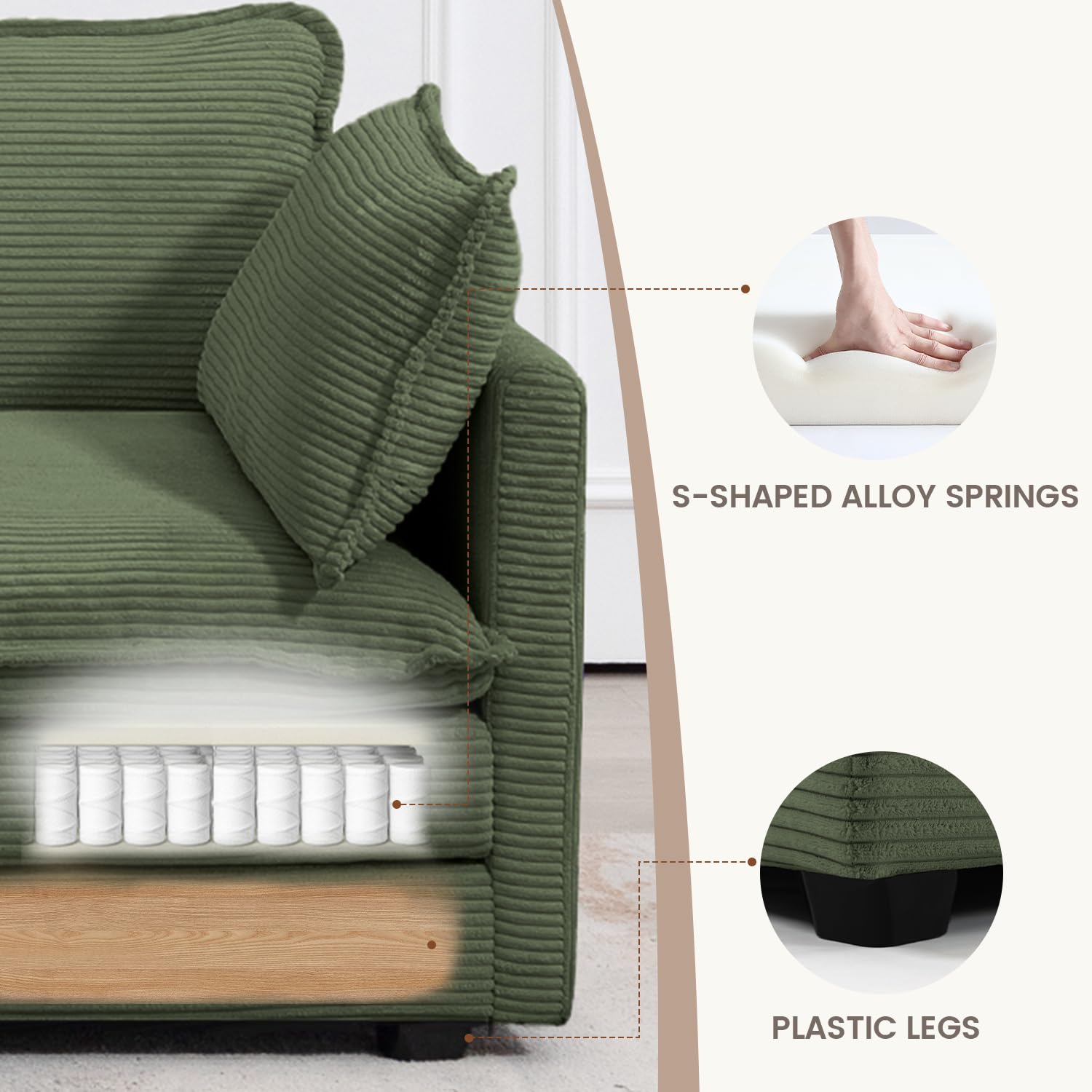 Sectional 2 Seat Cloud Loveseat with 2 Throw Pillows, Modern Corduroy Love Seat Sleeper Bed, Convertible Cozy Sofa for Living Room and Office, Green