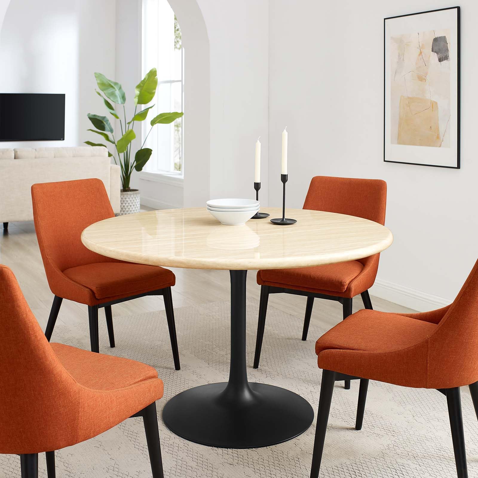 48" Round Artificial Dining Table with Tapered, Metal Base, Black Travertine