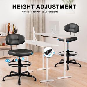 Armless Drafting Chair, Tall Office Chair no Wheels with Footrest Ring for Standing Desk, Small Faux Leather Executive Chair with Adjustable Height for Bar Counter Desk Black