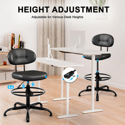 Armless Drafting Chair, Tall Office Chair no Wheels with Footrest Ring for Standing Desk, Small Faux Leather Executive Chair with Adjustable Height for Bar Counter Desk Black