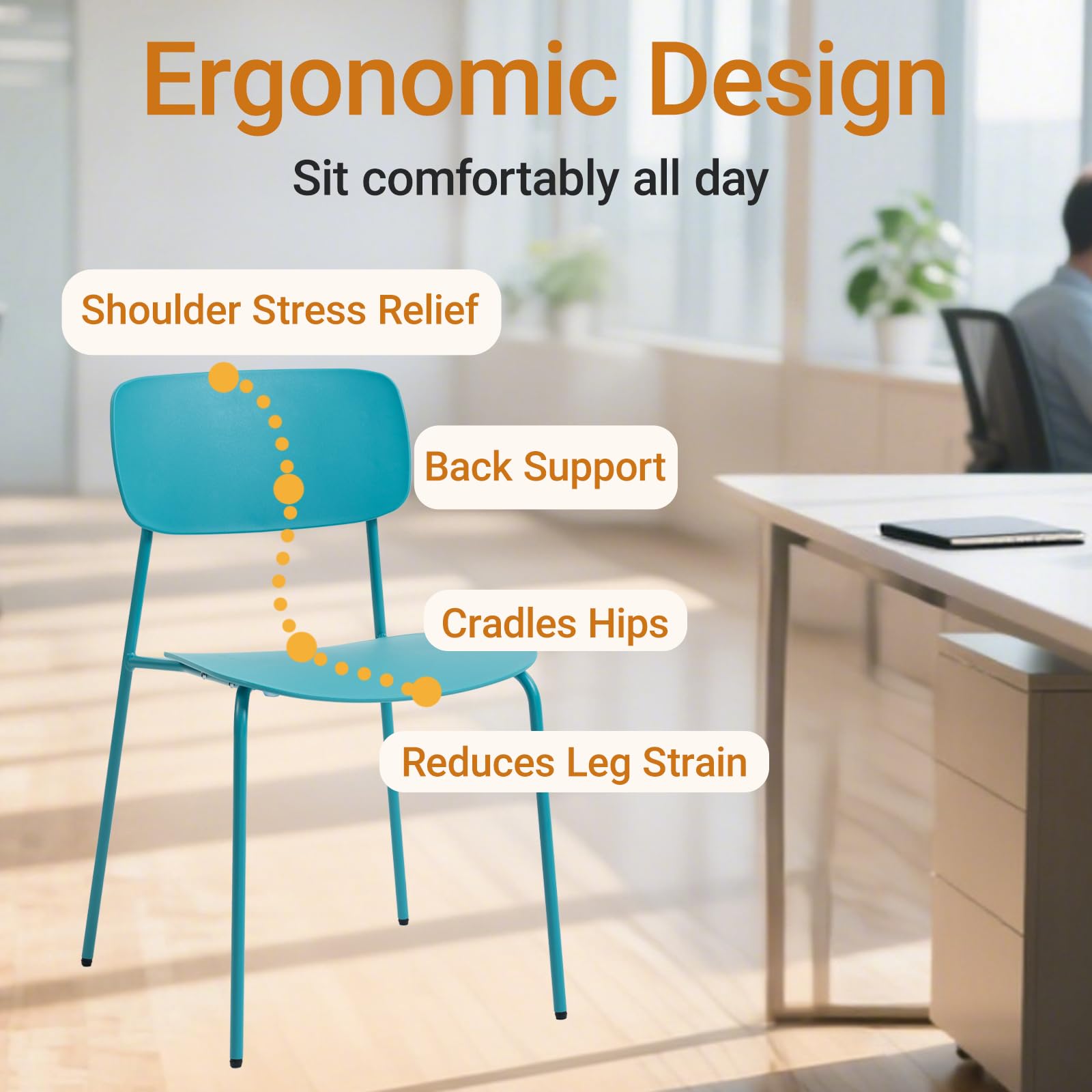 Armless Stacking Chairs Set of 4, Office Waiting Room Chairs with Metal Legs and Ergonomic Plastic Seat, Metal Chairs Set of 4 for Conference Reception Dining Room, Blue