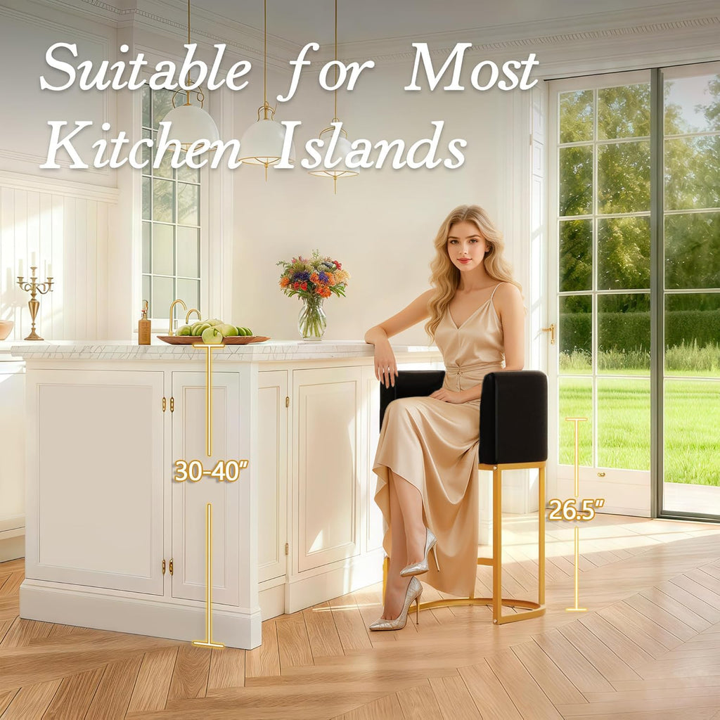 26" Modern Counter Height Bar Stools,PU Leather Upholstered Barrel Barstools with Backs,Island Chairs Bar Stools Set of 1,Metal Gold Frames,Black Leather
