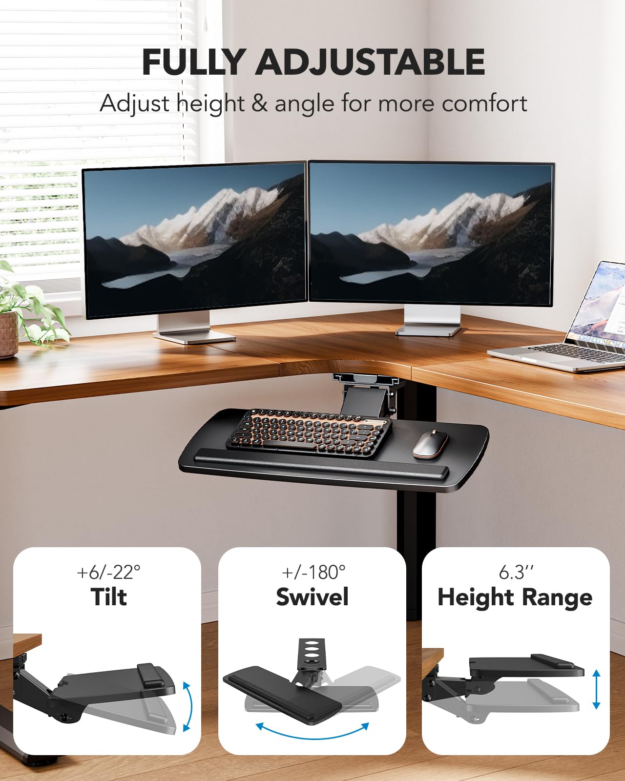 Keyboard Tray Under Desk, 360 Adjustable Ergonomic Sliding Keyboard & Mouse Tray, Under Desk Keyboard Tray Slide Out, Keyboard Holder Under Desk for Typing in Home, Office Work, 25"W x 9.84"D