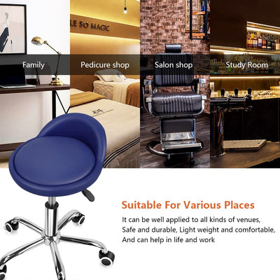 PU Leather Round Rolling Stool with Back Rest Height Adjustable Swivel Drafting Work SPA Task Chair with Wheels (Blue)