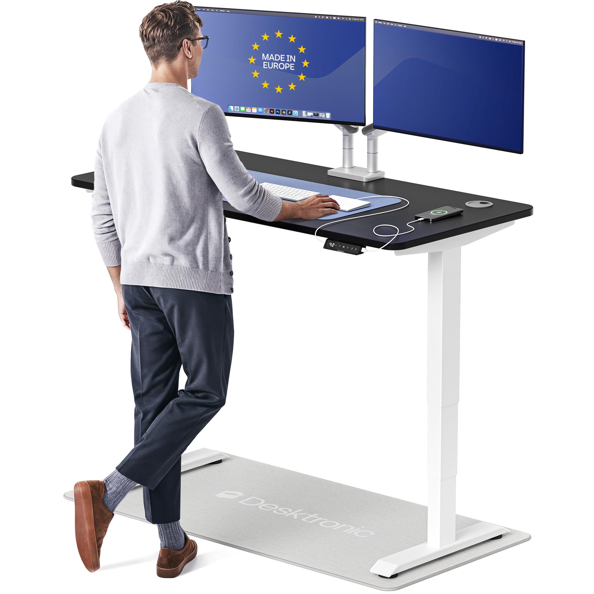 HomePro Standing Desk 54x28 — Made in Europe, Ergonomic Sit Stand Home Office Desk, Electric Height Adjustable, Dual Motor, USB & USB-C Charging, Wobble-Free, Touchscreen, 3 Memory Presets