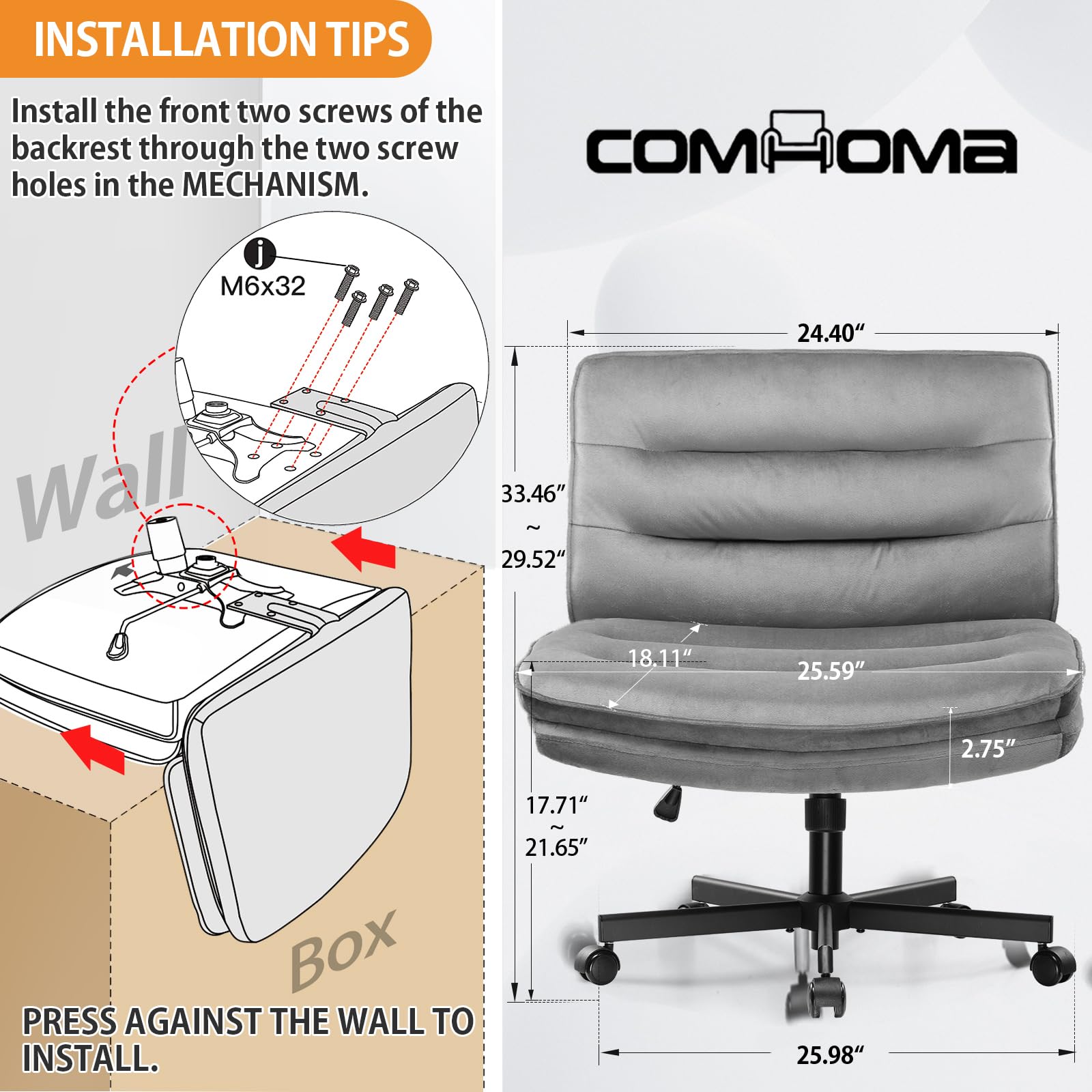 Cross Legged Office Chair with Wheels Armless-Office Desk Chair, Modern Vanity Computer Task Chairs for Home Bedroom, Comfortable Wide Seat for Lower Back Pain Relief, Soft Velvet, Gray