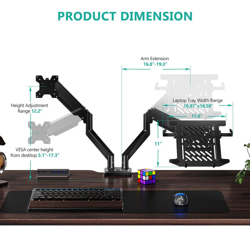 Laptop Desk Mount, Dual Monitor Arm with Laptop Holder, Adjustable Height Laptop Arm Mount for Desk, Fits 17” Notebook and 32” Monitors, Up to 22Lbs (GSMP002LP), Black