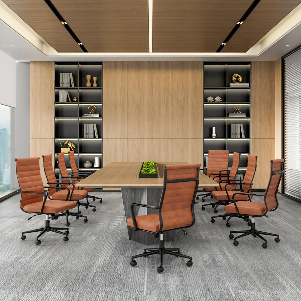 Leather Office Desk Chair, Mid-Century Modern Leather Conference Room Chairs, Ergonomic Executive Ribbed Height Adjustable Swivel Rolling Chair for Home Office.
