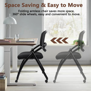 10PACK, Stackable & Foldable Chairs with Wheels, Reception Guest Chairs with Lumbar Support, Ergonomic Curved Mesh Back Folding Chair for Office Schools Conference Waiting Room, Black,