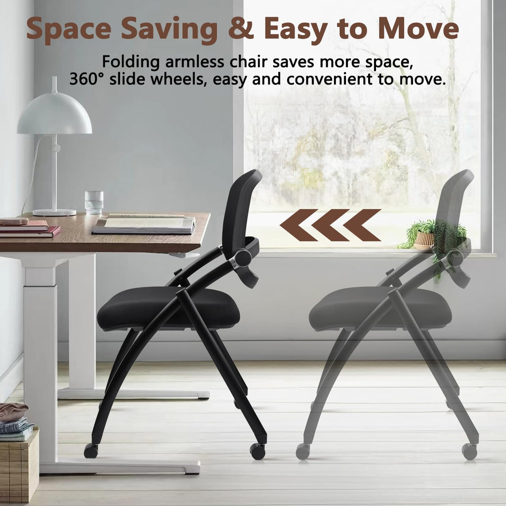 40PACK, Stackable & Foldable Chairs with Wheels, Reception Guest Chairs with Lumbar Support, Ergonomic Curved Mesh Back Folding Chair for Office Schools Conference Waiting Room, Black,