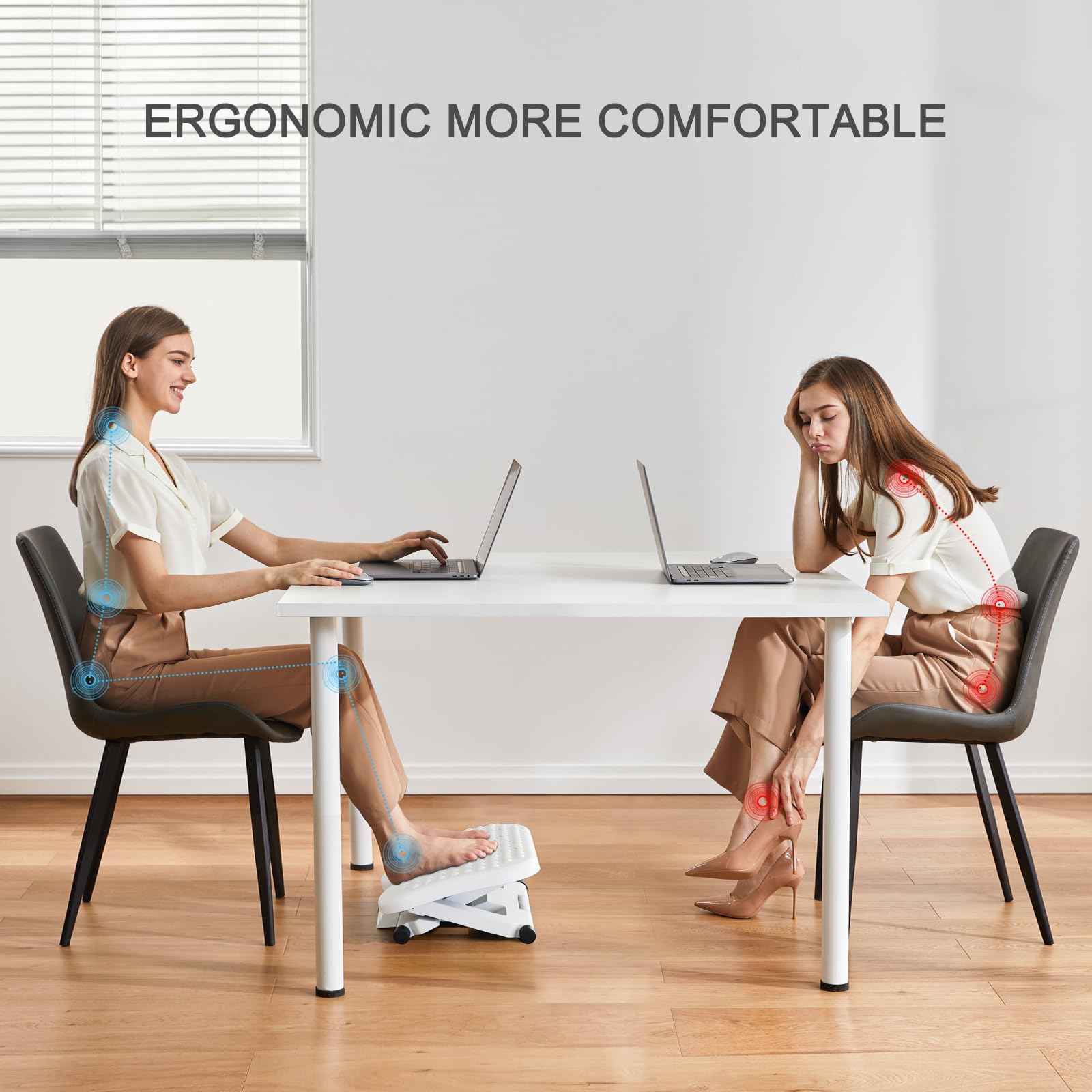 Adjustable Desk Footrest, Foot Rest for Under Desk at Work with Massage, Adjustable Foot Stool with 3 Height Position & 30 Degree Tilt Angle Adjustment for Home, Office, White