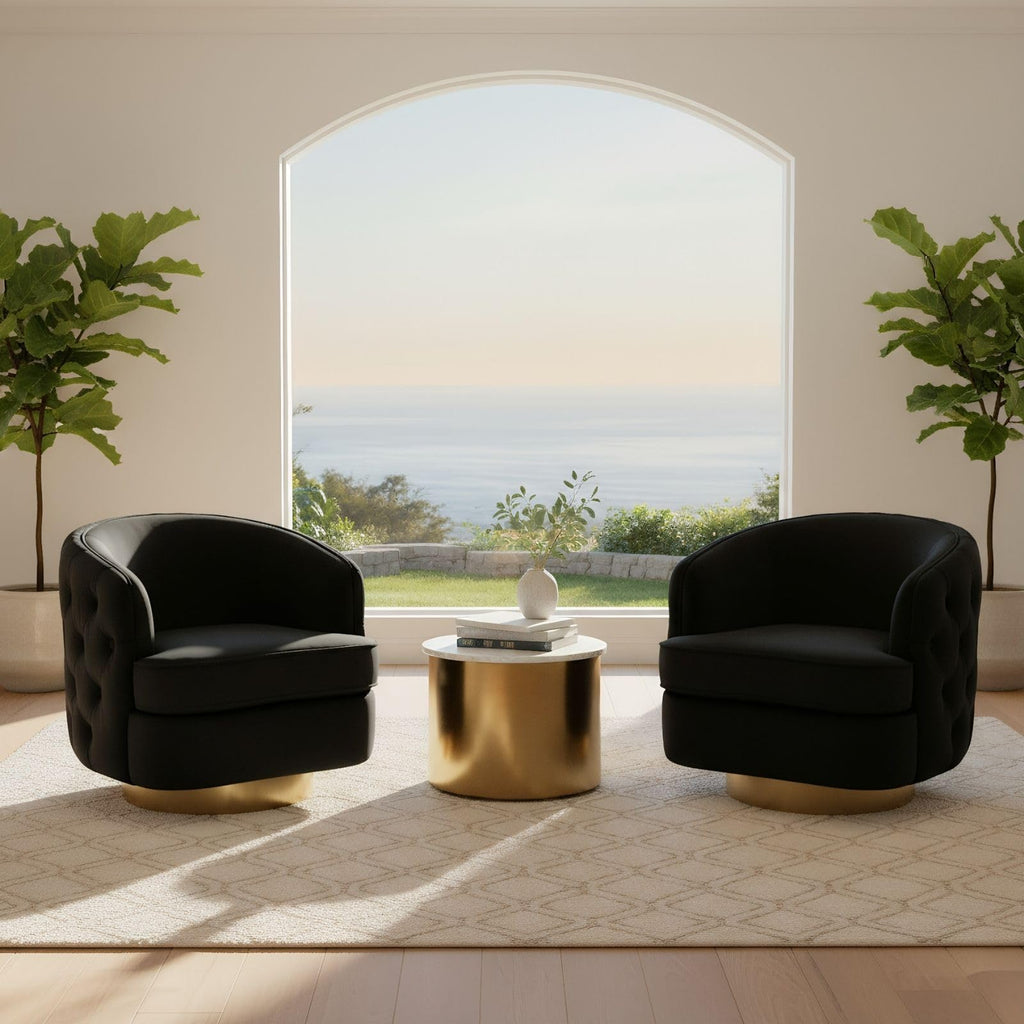 Set of 2 Black Modern Accent Chairs, Swivel Barrel Armchairs for Living Room, Button Tufted Velvet Comfy Chair, Round Upholstered Single Sofa Seating with Gold Base