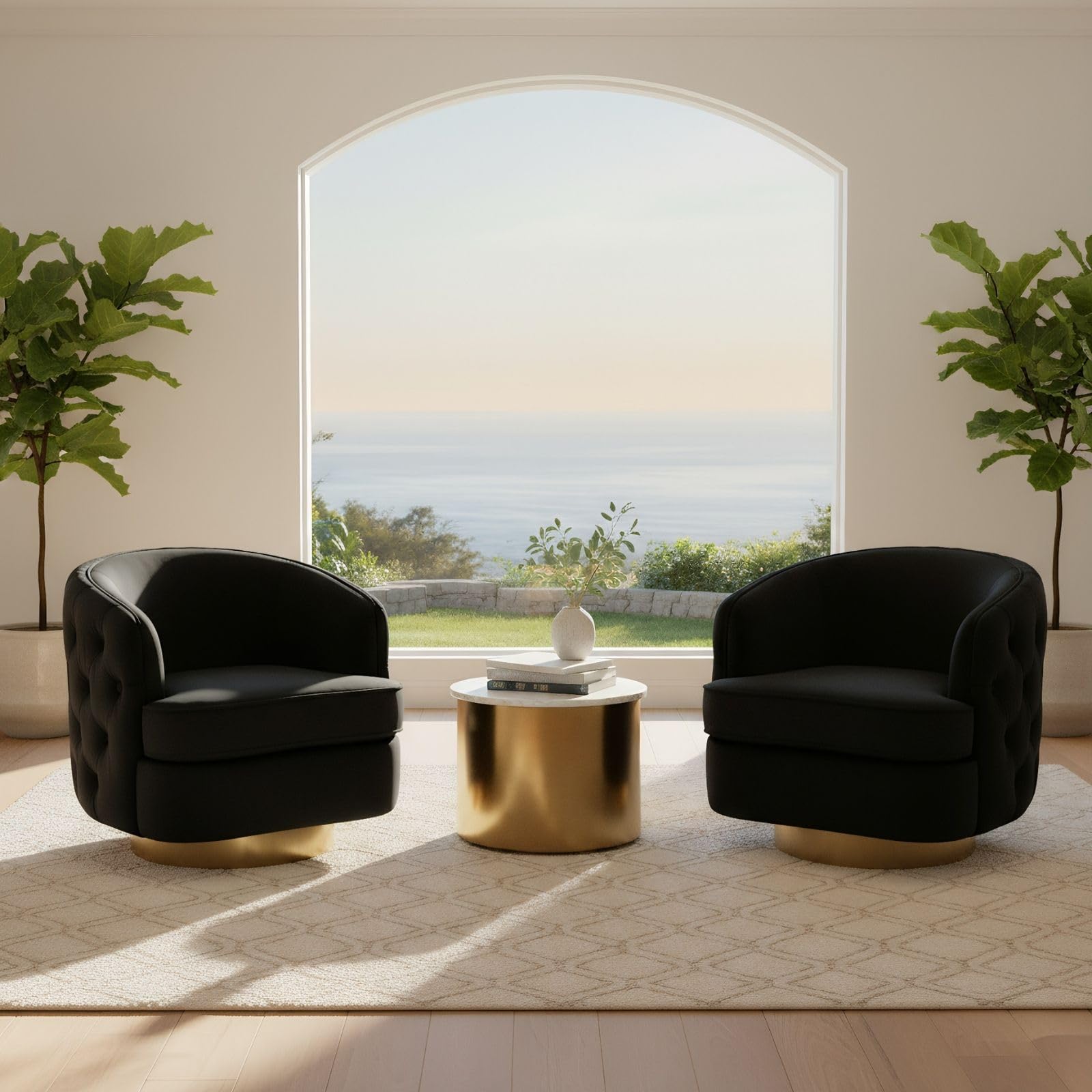 Set of 2 Black Modern Accent Chairs, Swivel Barrel Armchairs for Living Room, Button Tufted Velvet Comfy Chair, Round Upholstered Single Sofa Seating with Gold Base