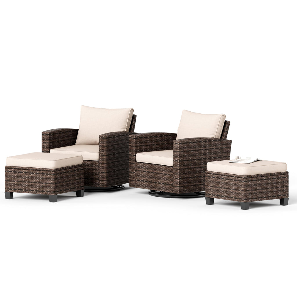 Patio Wicker Chairs Outdoor Swivel Rocker Chairs Set with Ottomans, 4 Piece Outdoor Seating Furniture Conversation Sets for Lawn Deck Porch Pool, Brown/Beige