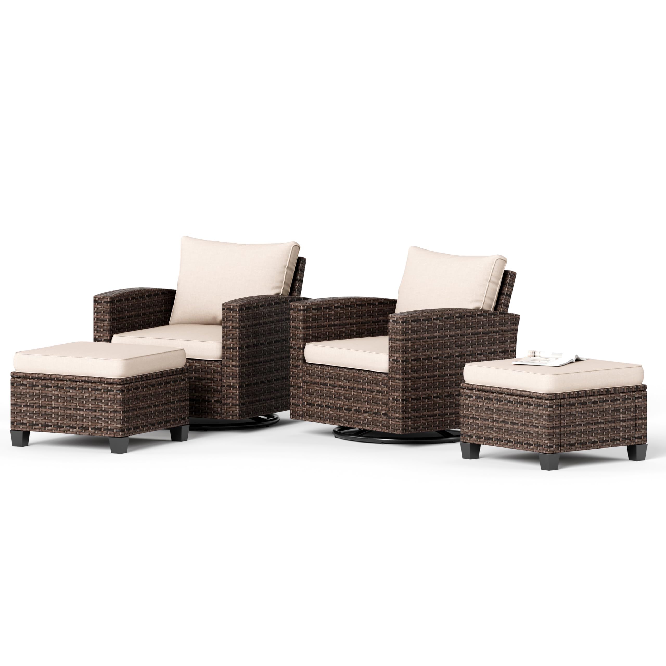 Patio Wicker Chairs Outdoor Swivel Rocker Chairs Set with Ottomans, 4 Piece Outdoor Seating Furniture Conversation Sets for Lawn Deck Porch Pool, Brown/Beige