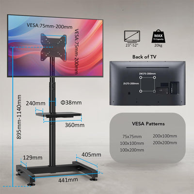 Floor TV Stand with Mount for 13-50 inch Screens, Tilting and Height Adjustable Floor Monitor Stand Mount, Portrait to Landscape, Portable TV Stand with Shelf Holds up to 77lbs Max VESA 200x200mm
