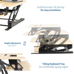 36 inch Height Adjustable Stand Up Desk Converter, V Series, Quick Sit to Stand Tabletop Dual Monitor Riser Workstation, Light Wood Top, Black Frame, DESK-V000VO