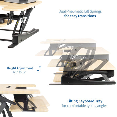 36 inch Height Adjustable Stand Up Desk Converter, V Series, Quick Sit to Stand Tabletop Dual Monitor Riser Workstation, Light Wood Top, Black Frame, DESK-V000VO