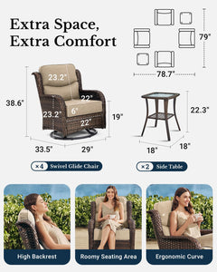 Luxury Patio Furniture Set with 6-inch Thick Cushion, Outdoor High Back Swivel Rocker Patio Chairs, 6PCS Wicker Conversation Set for Deck Yard and Poolside, Beige (V2)