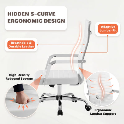 Ergonomic Office Desk Chair, Executive Ribbed Mid-Back PU Leather Conference Room Chair Adjustable Swivel Chair with Arms (2, White)