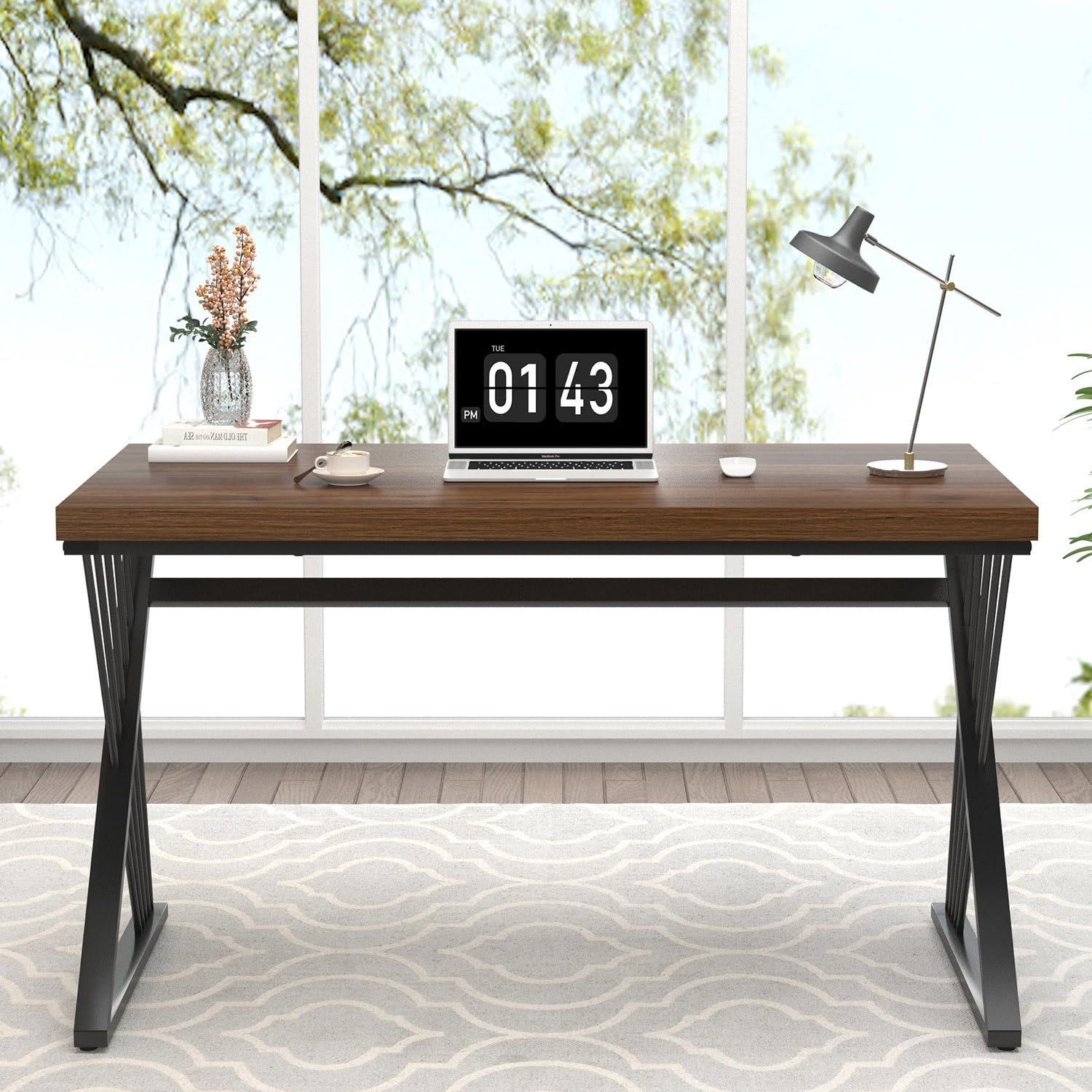 Home Office Desks, Modern Wood and Metal Writing Study Work Table, Industrial Computer Desk for Bedroom Living Room, Rustic Walnut, 47 Inch