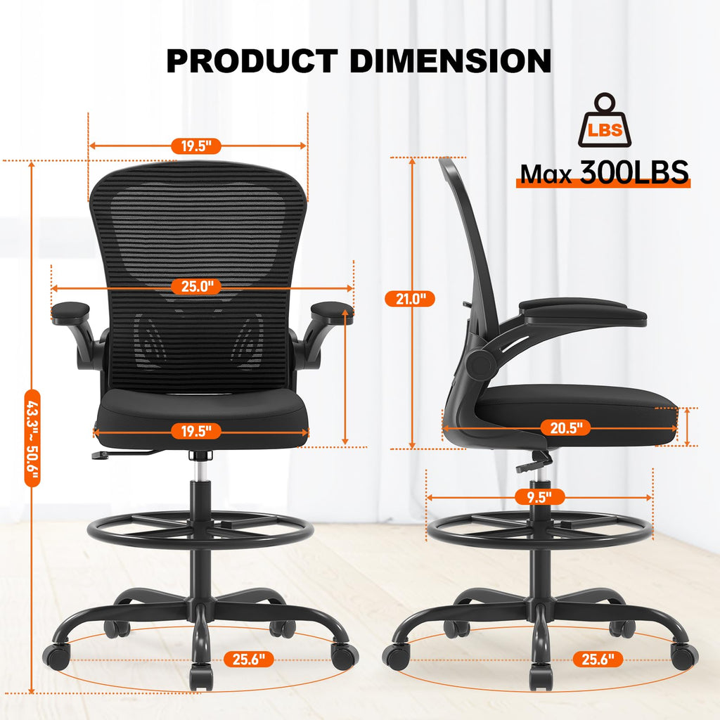 Ergonomic Drafting Chair, Tall Office Chair with Flip-up Armrests, Breathable Mesh High Desk Chair with Lumbar Support Adjustable Footrest Ring for Standing Desk Black