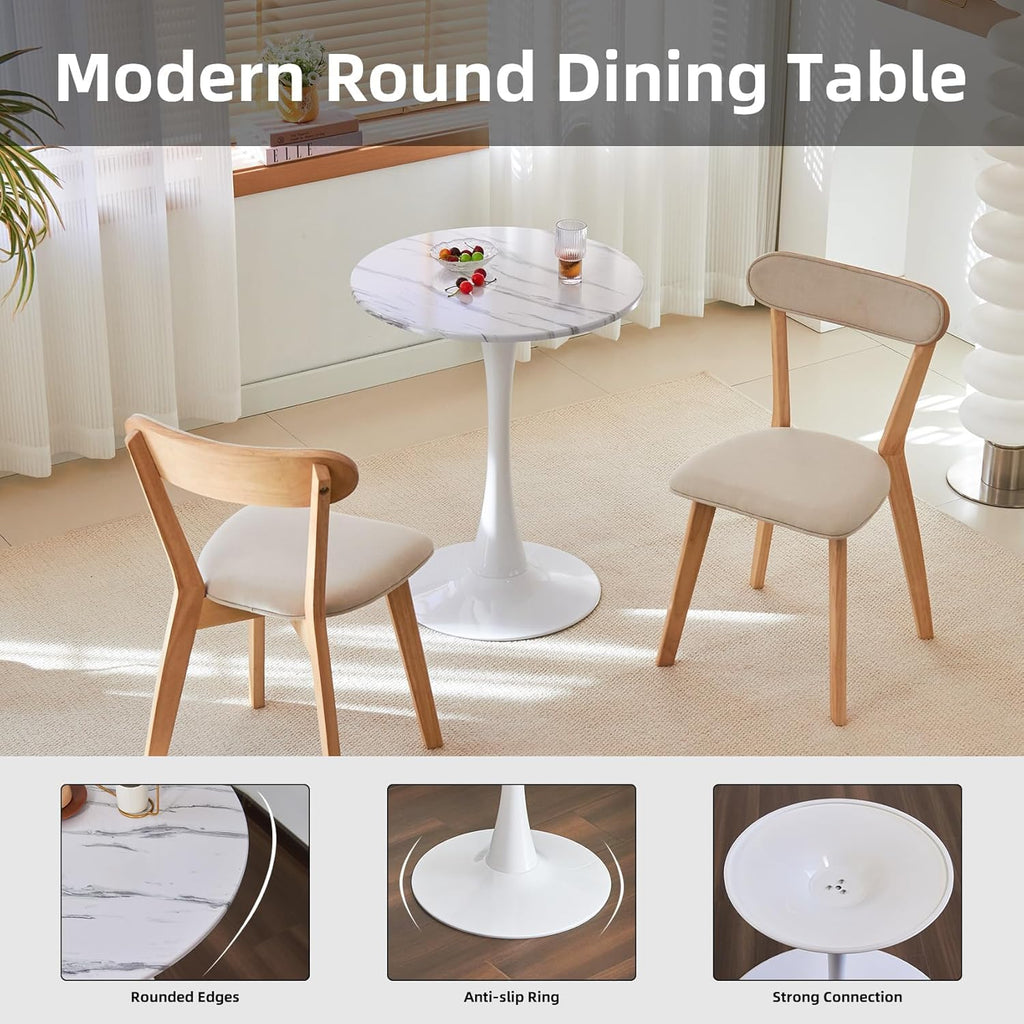 Round Dining Table, 24" Circle Tulip Table with Thickened Tabletop & Metal Pedestal, Mid Century Modern Bistro Table for Kitchen, Small Places, Living Room, Cafe (Marble White)