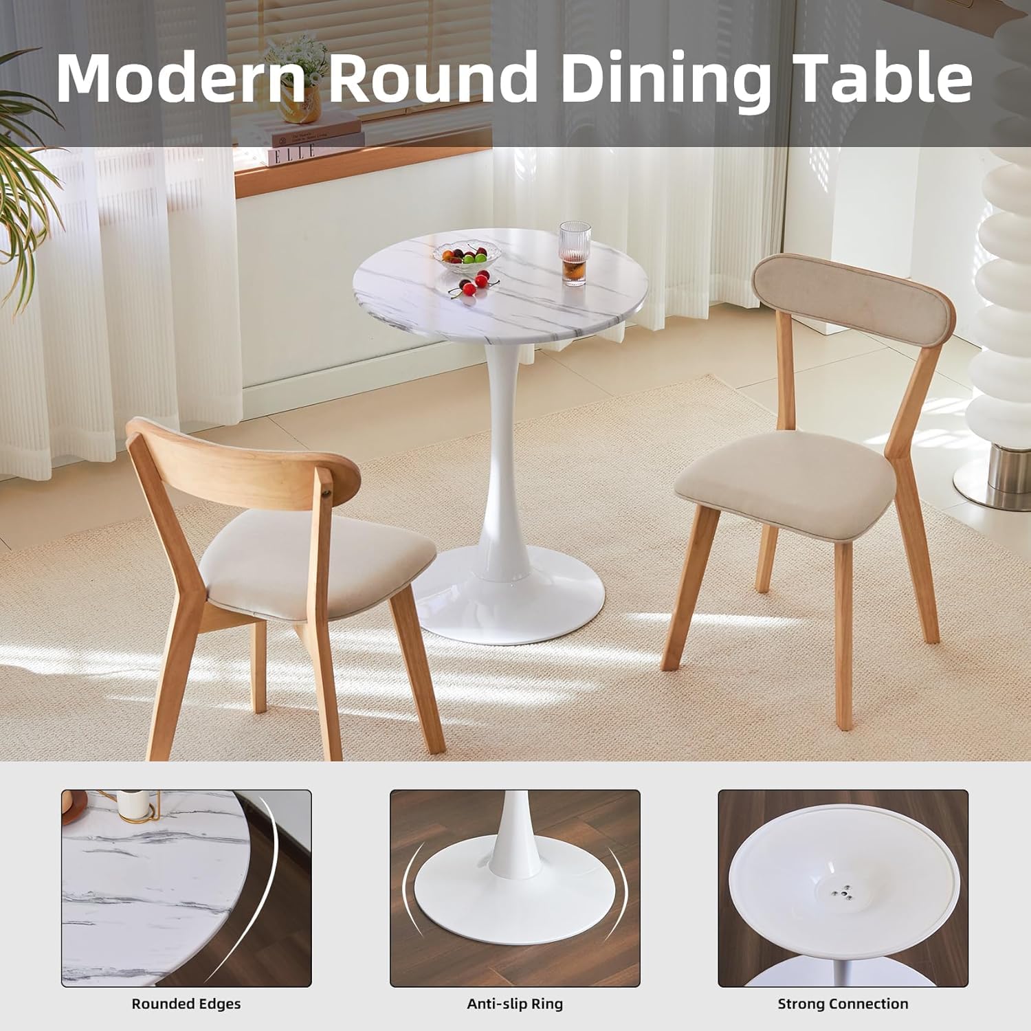 Round Dining Table, 24" Circle Tulip Table with Thickened Tabletop & Metal Pedestal, Mid Century Modern Bistro Table for Kitchen, Small Places, Living Room, Cafe (Marble White)