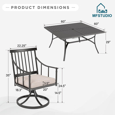 9 PCS Outdoor Patio Dining Set, 8 Metal Swivel Chairs with Removable Cushions and 1 Square Dining Table with 1.57