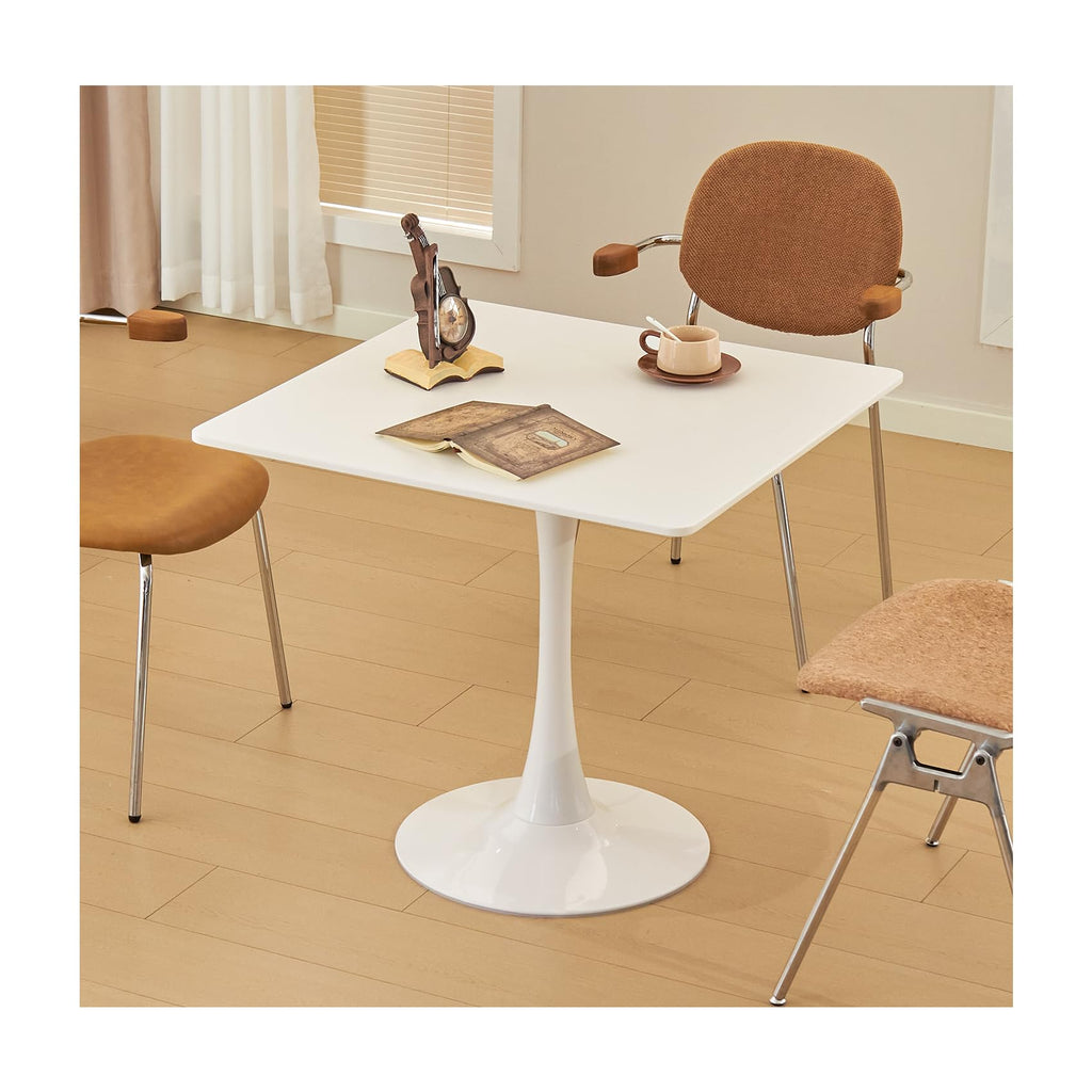 Square Dining Table, 31.5" Tulip Table with Thickened Tabletop & Metal Pedestal, Mid Century Modern Bistro Table for Kitchen, Small Places, Living Room, Cafe (White)