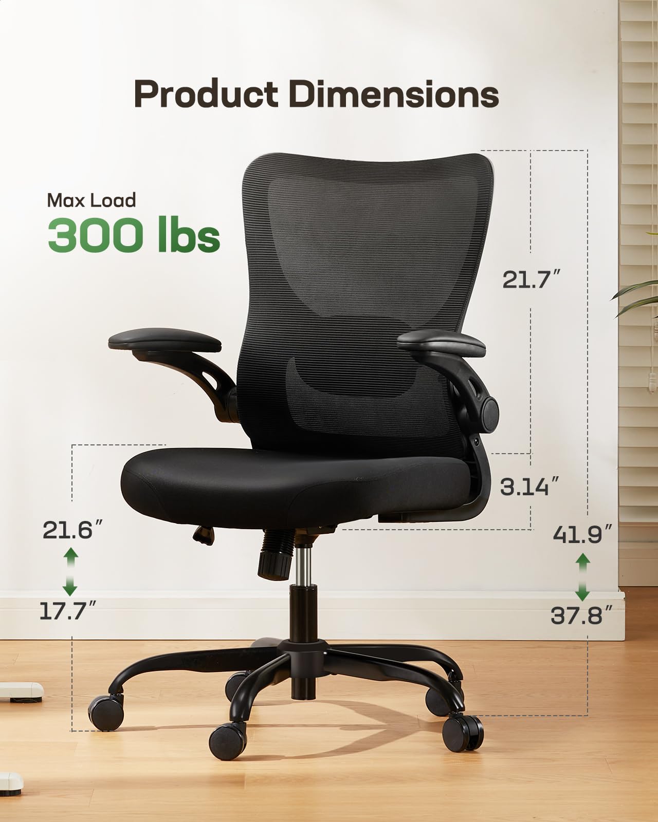 Ergonomic Office Chair with Adjustable Lumbar Support, 3-Way PU Armrests & Breathable Mesh for Home Office and Gaming