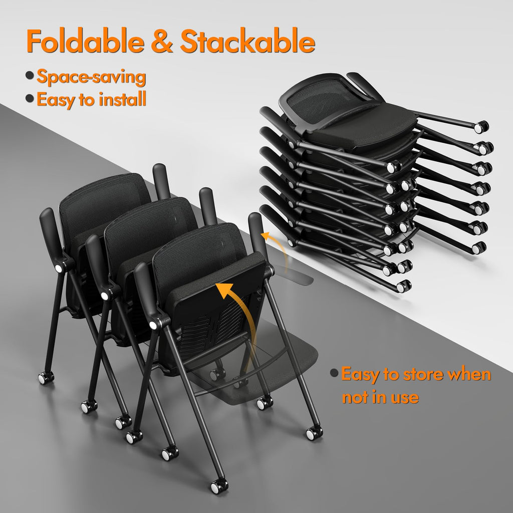 Stackable & Foldable Office Chair Set of 2, Folding Desk Chair with Flip-Up Armrest, Breathable Mesh, Thick Seat Cushion & Rocking Backrest, Conference Room Chair with Wheel (Black)
