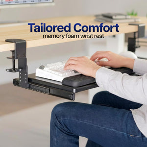 Large Height and Width Adjustable Under Desk Keyboard Tray, C-clamp Mount System, 22.5” to 30” (28.5” to 36” Including Clamps) x 11 inch Slide-Out Platform for Typing, Black, Mount-KBST1