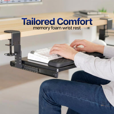 Large Height and Width Adjustable Under Desk Keyboard Tray, C-clamp Mount System, 22.5” to 30” (28.5” to 36” Including Clamps) x 11 inch Slide-Out Platform for Typing, Black, Mount-KBST1