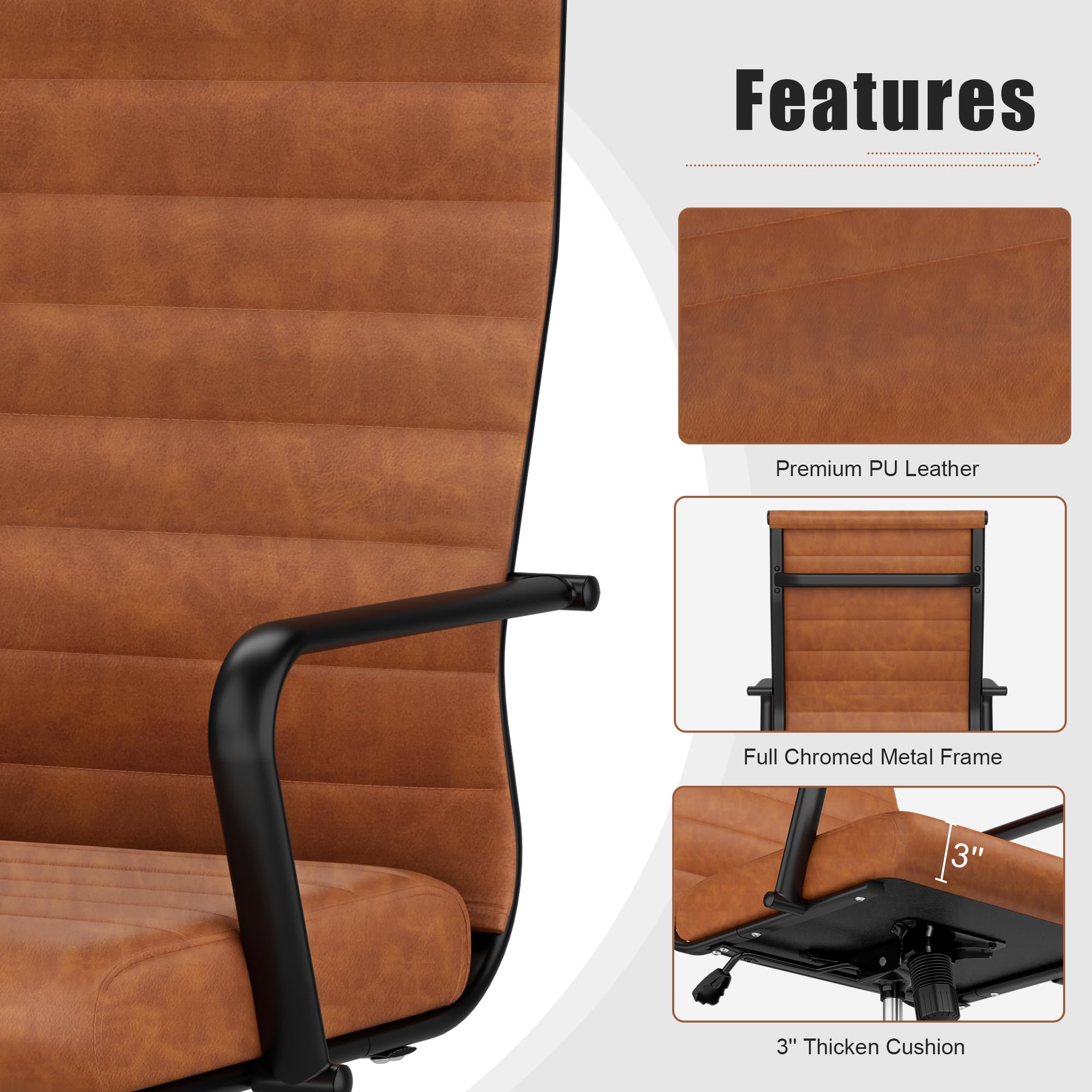 Leather Office Desk Chair, Mid-Century Modern Leather Conference Room Chairs, Ergonomic Executive Ribbed Height Adjustable Swivel Rolling Chair for Home Office.