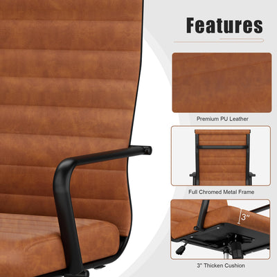 Leather Office Desk Chair, Mid-Century Modern Leather Conference Room Chairs, Ergonomic Executive Ribbed Height Adjustable Swivel Rolling Chair for Home Office.