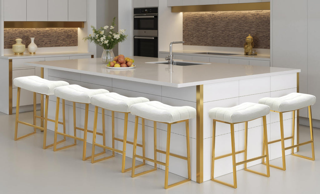 White & Gold Counter Height Bar Stools Set of 6 for Kitchen Counter Backless Kitchen Island Barstools with Upholstered Faux Leather Seat and Gold Base Modern 24 inch Bar Chairs No Back