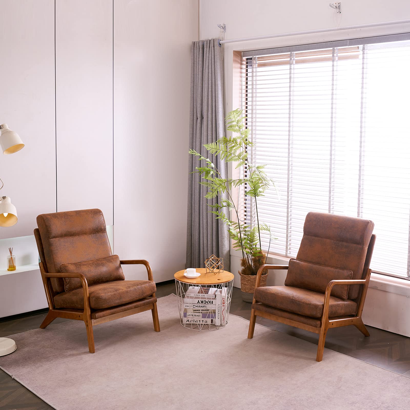 High Back Microfiber Rustic Accent Chairs Set of 2, Upholstered Mid Century Modern Lounge Chairs Reading Chairs Side Sitting Chair Farmhouse Armchairs for Living Room, Bedroom, Guest Room