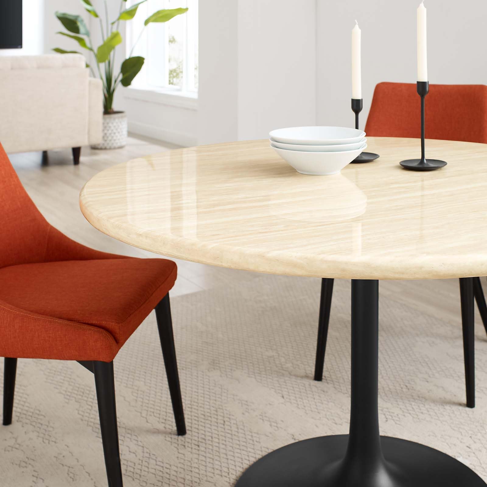 48" Round Artificial Dining Table with Tapered, Metal Base, Black Travertine