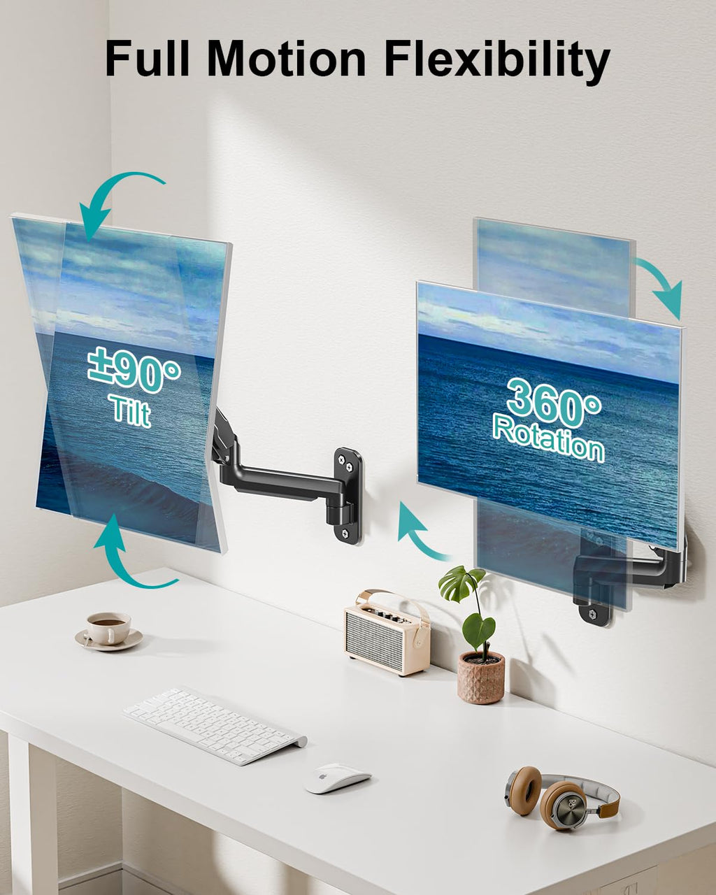 Single Monitor Wall Mount for 13 to 32 Inch Computer Screens, Height Adjustable Wall Mount Monitor Arm Holds Up to 19.8lbs, Full Motion Wall Bracket, VESA Mount 75x75, 100x100, Black