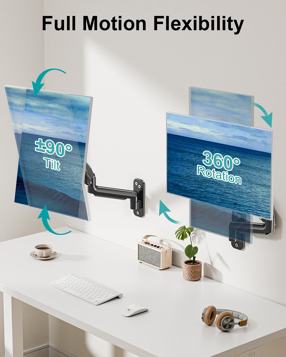 Single Monitor Wall Mount for 13 to 32 Inch Computer Screens, Height Adjustable Wall Mount Monitor Arm Holds Up to 19.8lbs, Full Motion Wall Bracket, VESA Mount 75x75, 100x100, Black