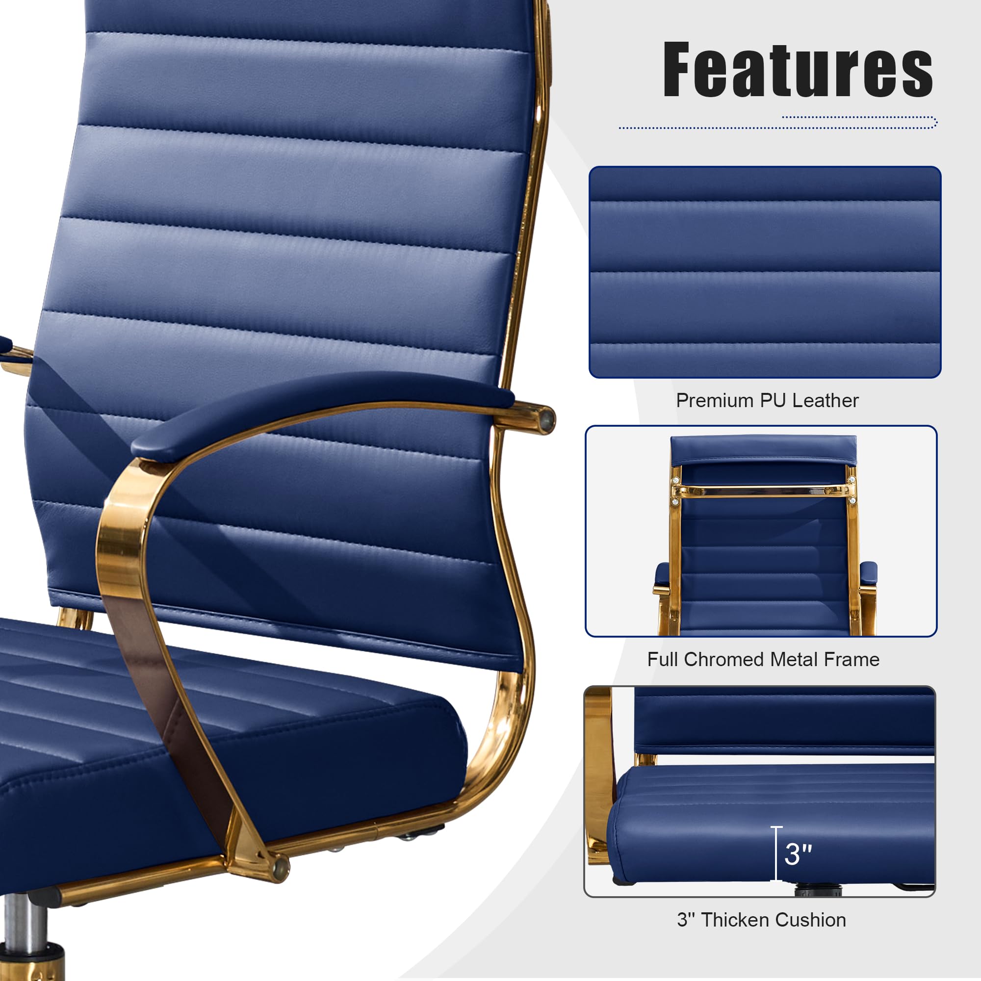 Gold Office Desk Chair, Ergonomic Leather Modern Conference Room Chairs, Executive Ribbed Height Adjustable Swivel Rolling Golden Chair for Home Office.