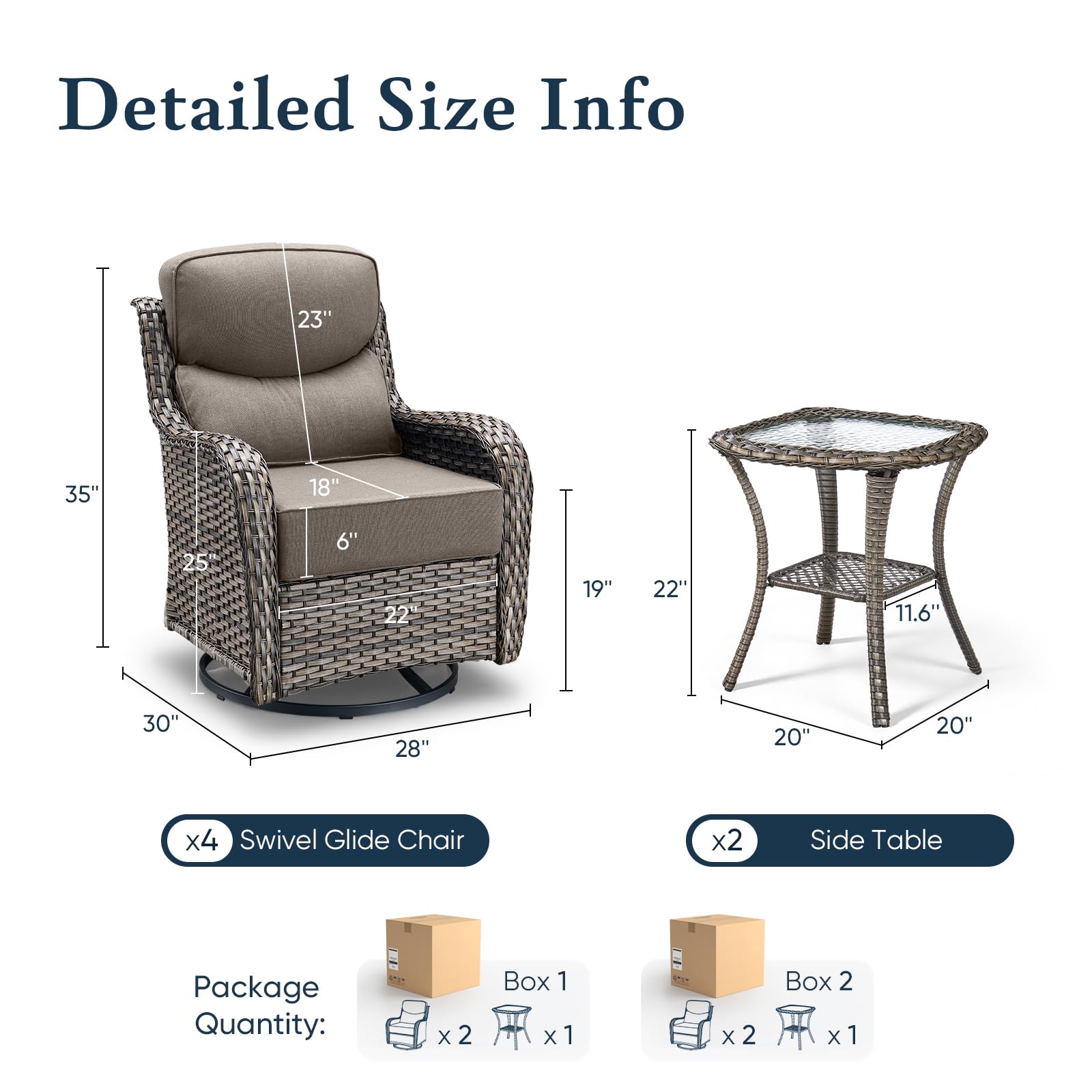 Luxury 6" Thick Cushioned Outdoor Swivel Rocker Patio Chairs Set of 4 with Side Table, High Back Wicker Furniture Set with Ergonomic Zone Back, Conversation Set for Deck Porch - Grey+Grey